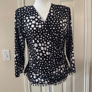 MSK Polka Dot Wrap Top Size Large Black White Long Sleeve Blouse
